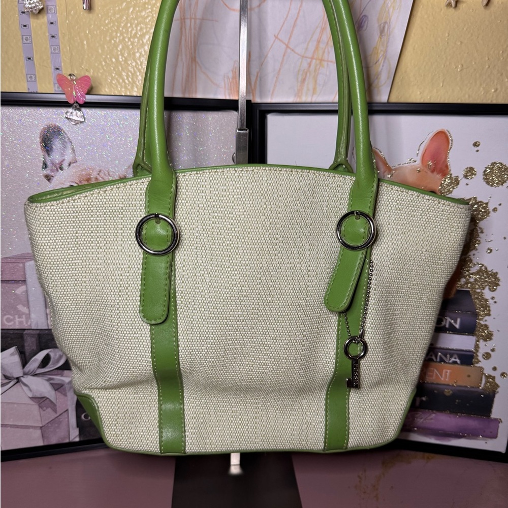 Fossil Vintage Green Leather & Fabric Shoulder Bag